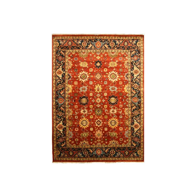 Rust Hand Knotted Wool Traditional Super Mahal Rug, 10' x 14', Soft Wool Pile with Elegant Geometric Pattern - N/A