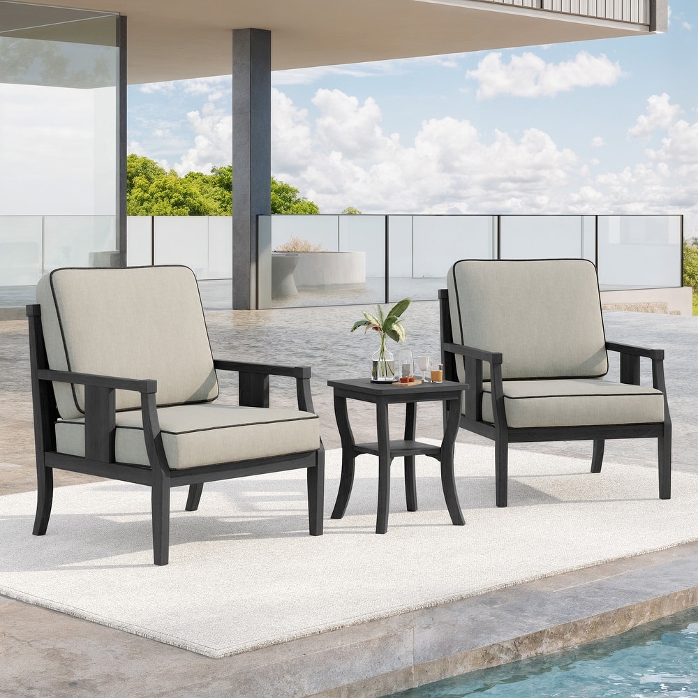 3-Piece Teak Wood Outdoor Armchair Set with Side Table, Cushions, Patio Seating Sets