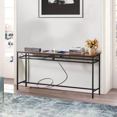 Javlergo Console Table with with Charging Station & USB Ports, Rustic Brown