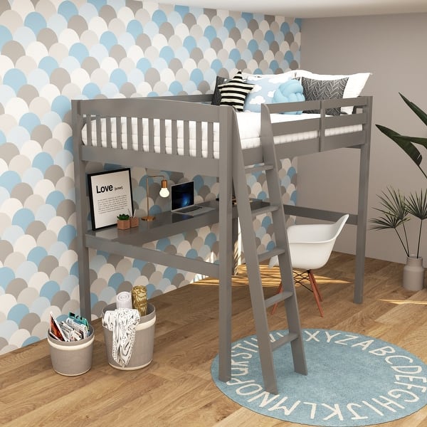 slide 2 of 7, Grey High Loft Bed with Desk, Storage, and Full Size Frame