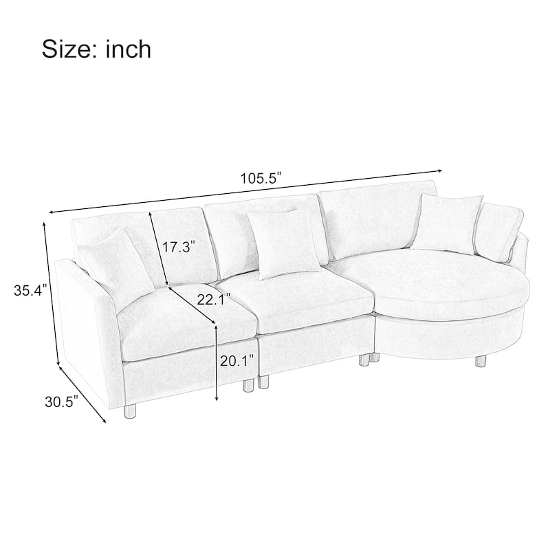 Roomfitters 105" Chenille Fabric 3-Piece Sectional Sofa, Modern Large L-Shaped Couch with Rounded Chaise for Living Room