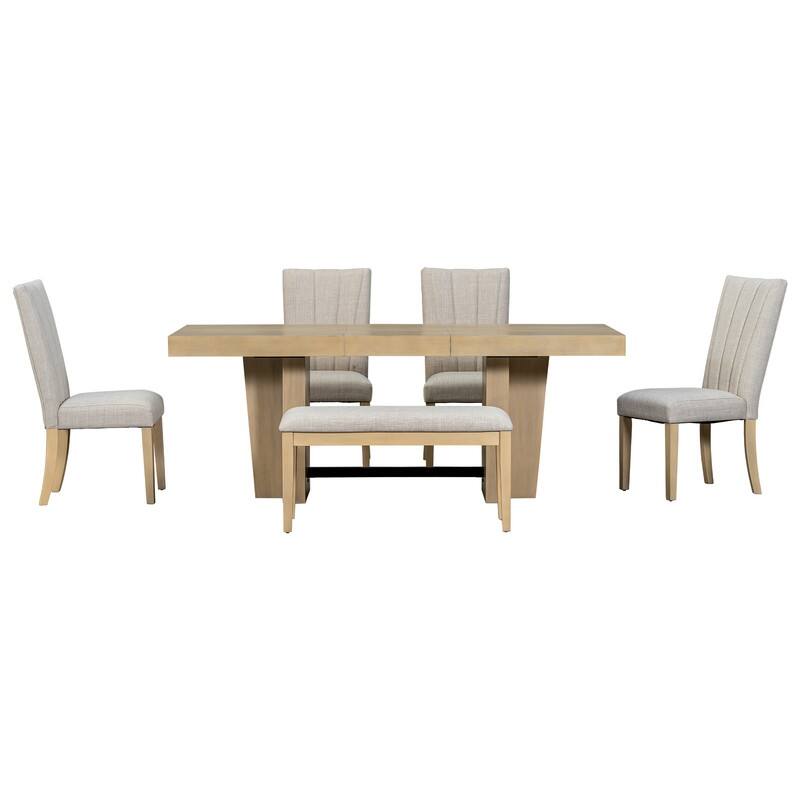 Farmhouse 78.1inch Extendable Wood Dining Table Set for 6, Kitchen Table Set with Bench and 4 Upholstered Chairs