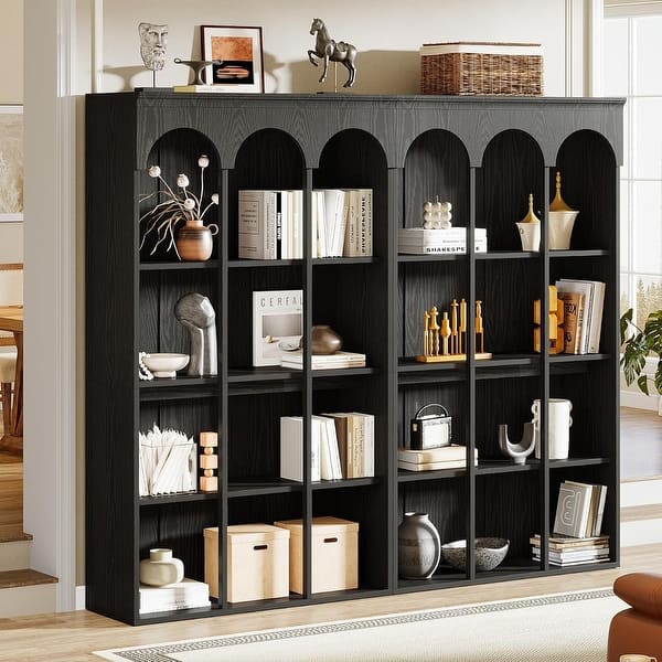 slide 2 of 23, 70.9" Tall Arched Bookcase for Living Room, 5-Tier Freestanding Wooden Bookshelf, Mid-Century Modern Library Book Shelving Unit 2pcs - Black