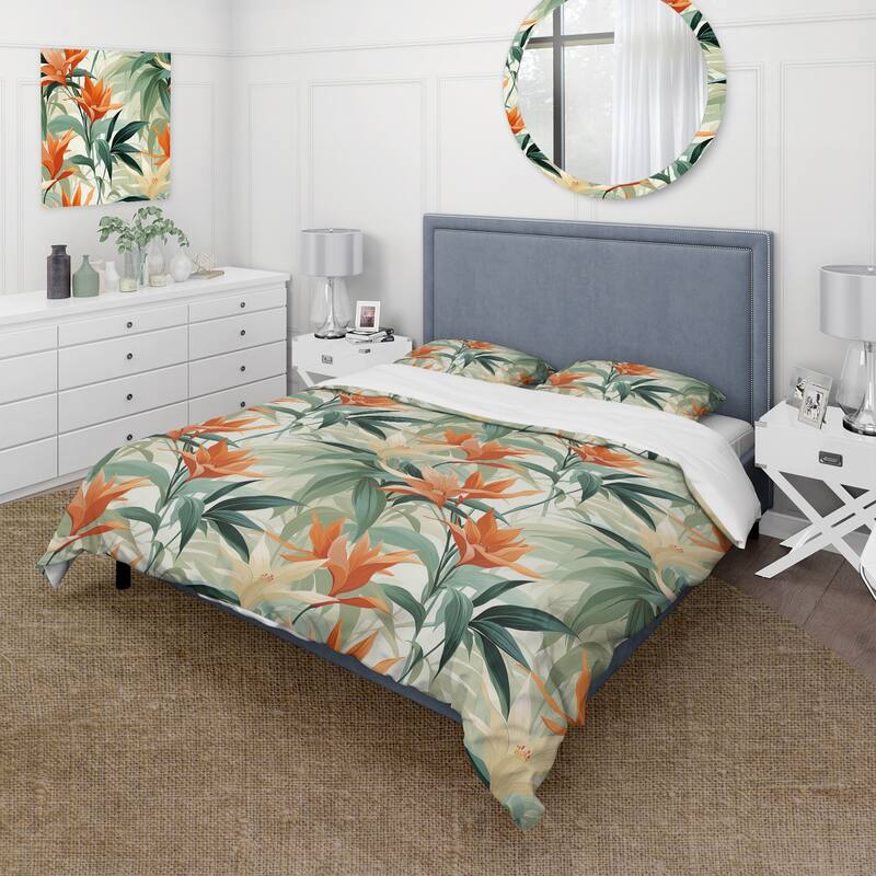 Designart "Green And Orange Bamboo Mirage Tropical Pattern" Green Tropical - Bedding Set With Shams