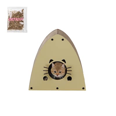 Koko 19" Modern Cardboard Triangle Cat Cave Scratcher with Catnip, Almond