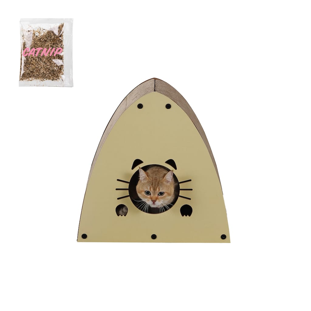 Koko 19" Modern Cardboard Triangle Cat Cave Scratcher with Catnip, Almond
