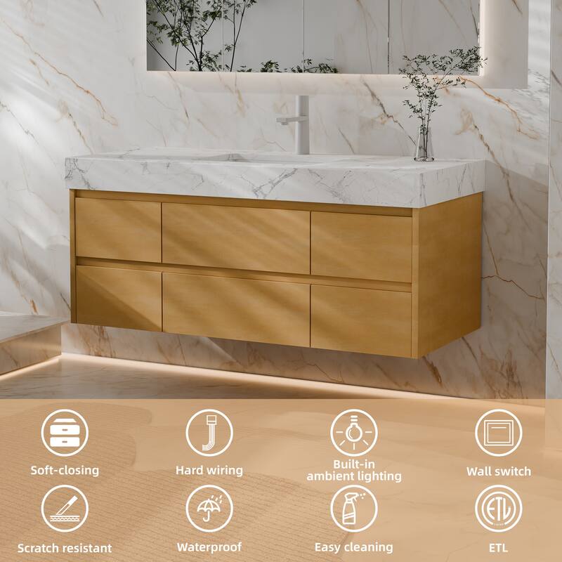 Modland 48" Wall-Mount Bathroom Vanity with 6 Soft-Close Drawers, LED Lighting & Marble Top - 48 inch