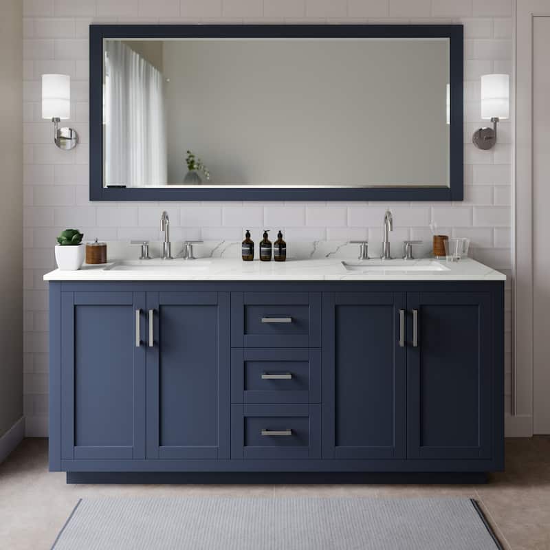 Wyndham Collection WCF292972D-QTZ-US3MXX Miranda 72" Free Standing - Dark Blue / Giotto Quartz Top / Brushed Nickel