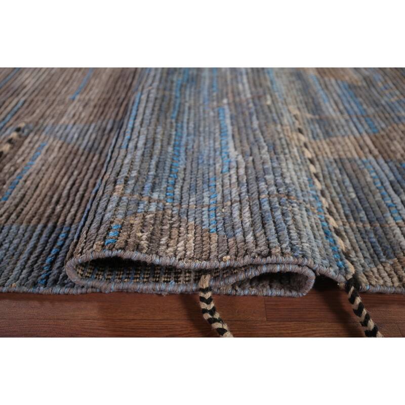 Blue Striped Moroccan Abstract Area Rug Hand-Knotted Wool Carpet - 8'0"x 12'7"