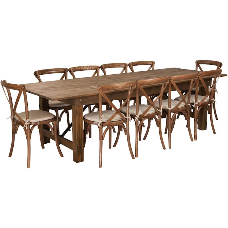 9' x 40" Rustic Folding Farm Table Set with 10 Cross Back Chairs and Cushions