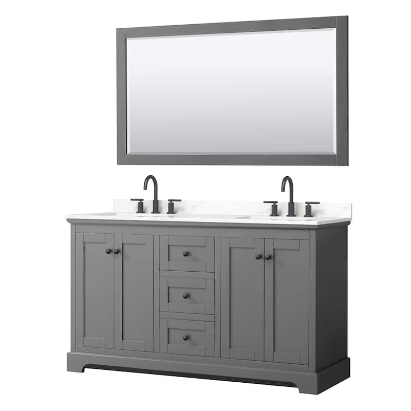 Avery 60-inch Double Vanity, Quartz Top, 58-inch Mirror - Dark Gray, Black Trim, Giotto Quartz Top
