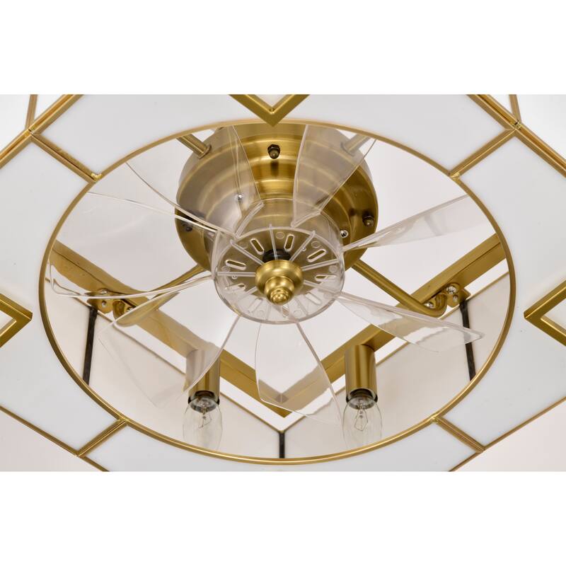 Olapine Square White Gold Trim Tiffany Glass Lighted Ceiling Fandelier with Remote