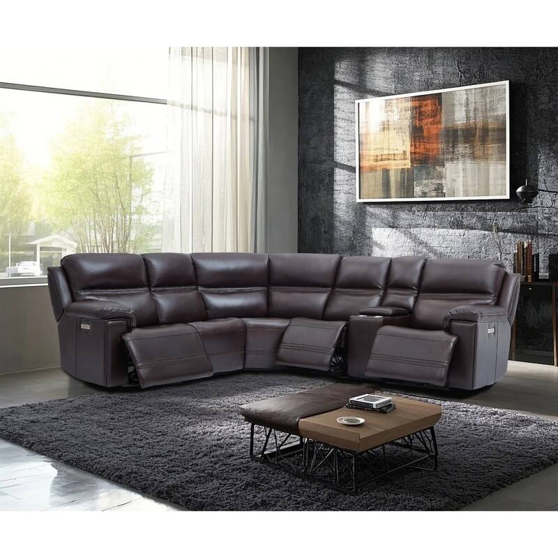 121" W Genuine Leather Dual-Power Sectional Sofa with Two Consoles, Zero Gravity, UsB & Type-c Ports and1 Power armless chair - DarkBrown