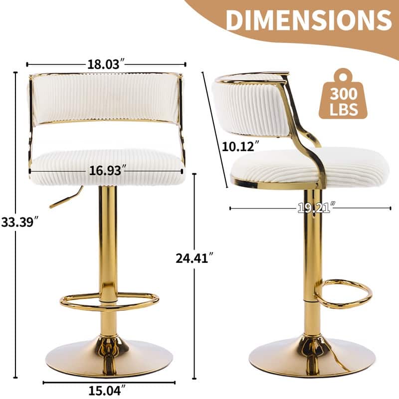 Corduroy Upholstered Adjustable Bar Stool with Gold Tone Base
