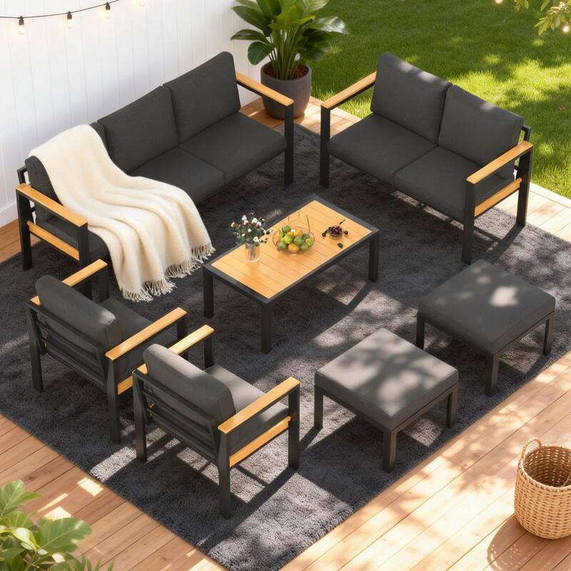 4/5/7-Piece Patio Conversation Set with Table, All-Weather Aluminum Furniture for Outdoor Living - Gray/Black - Set 7 - Black - Set 7