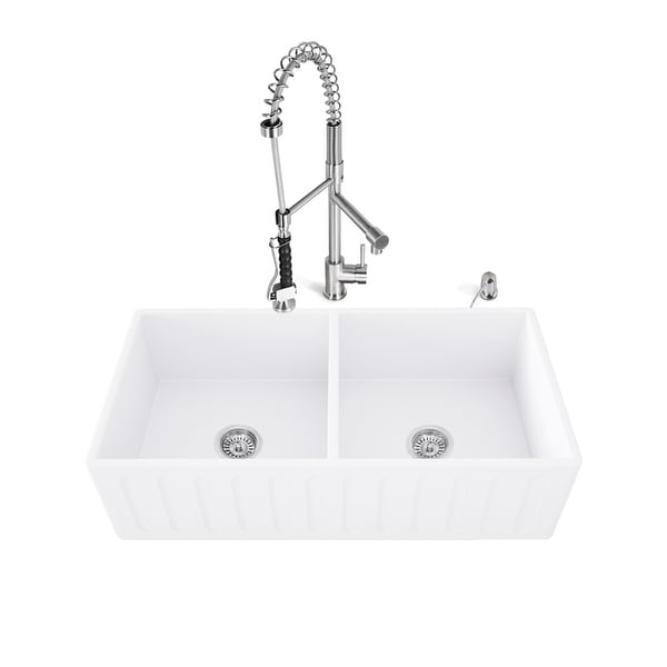 Vigo VG15467 33" Double Basin Farmhouse Kitchen Sink with High-Arch Pre-Rinse Faucet, Soap Dispenser, Cutting Board, and Basket