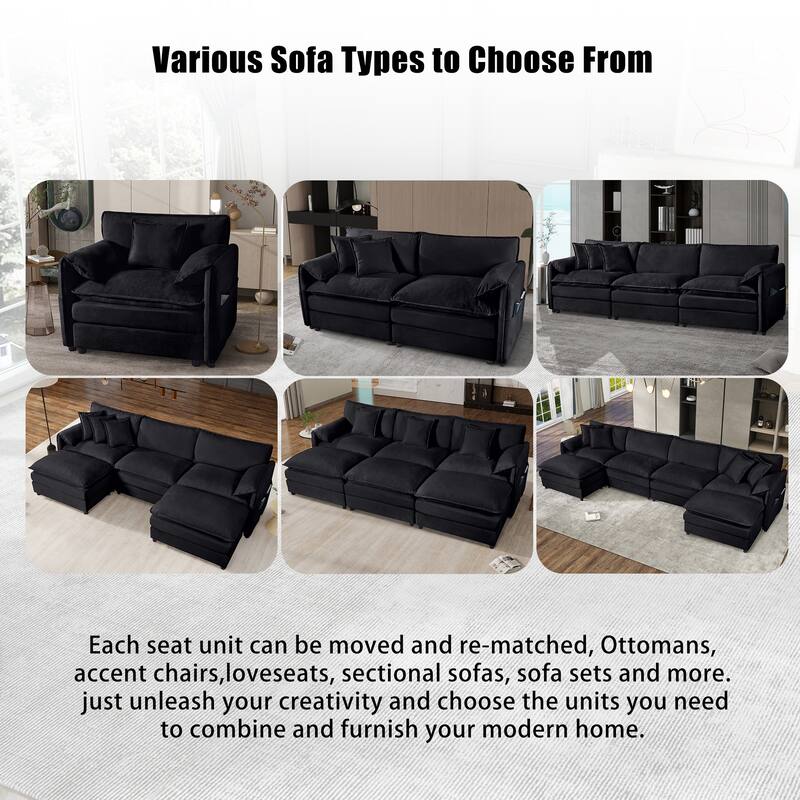 Oversized Deep Seat 3 Seater Modular Sofa, Black Chenille, DIY Combination