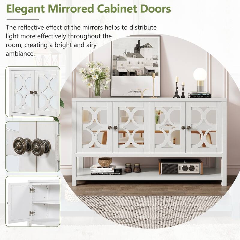 Antique White Sideboard Storage Cabinet with Mirrored Doors & Open Storage Shelf, Console Table Display Case for Living Room