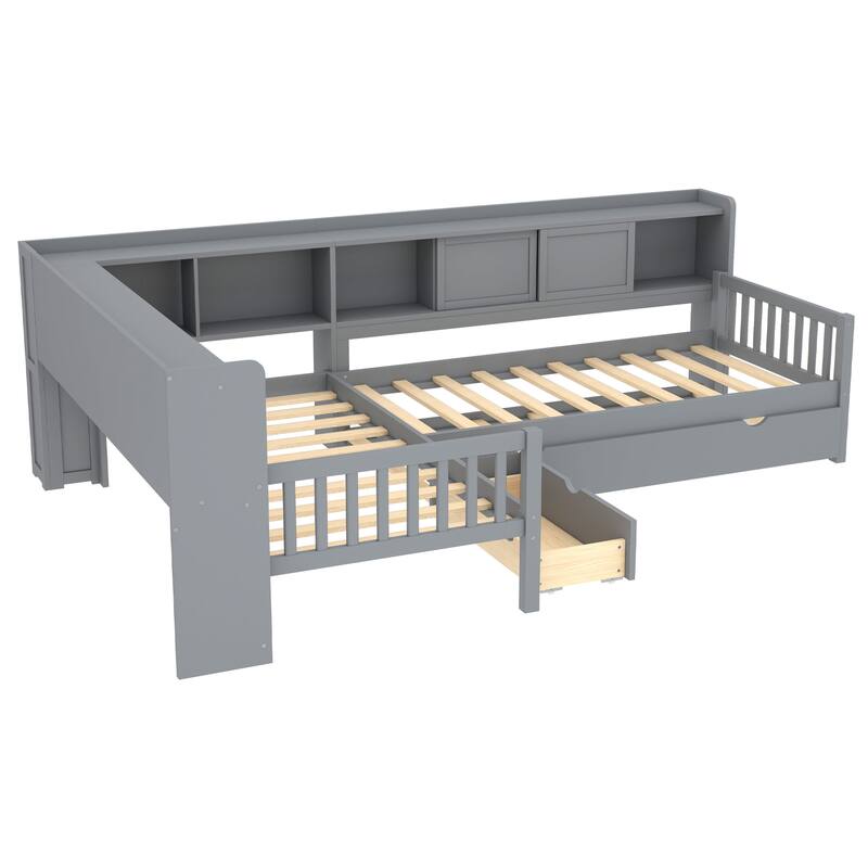 L Shaped Twin Platform Bed with Pull Out Trundle and Drawer, Solid Wood Twin Size Bed Frame with L Shaped Storage Bookcases