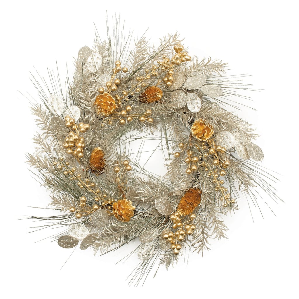 Gold & Gray Winter Wreath Rustic Indoor Holiday Decor with Natural Pinecones, Grapevine Twig Base & Metallic Accents