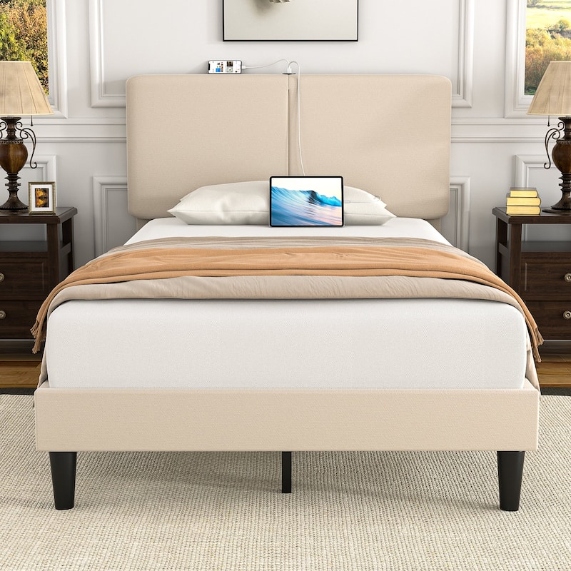 VECELO Adjustable Upholstered Split Headboard Bed Frame with Charging Station USB Port Type C No Box Spring Needed Noiseless Bed - Beige - Twin