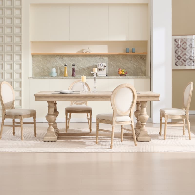 Fabric Dining Chairs Set of 2, Upholstered Kitchen Side Chairs, Accent Chair with Round Backrest & Solid Wood Legs