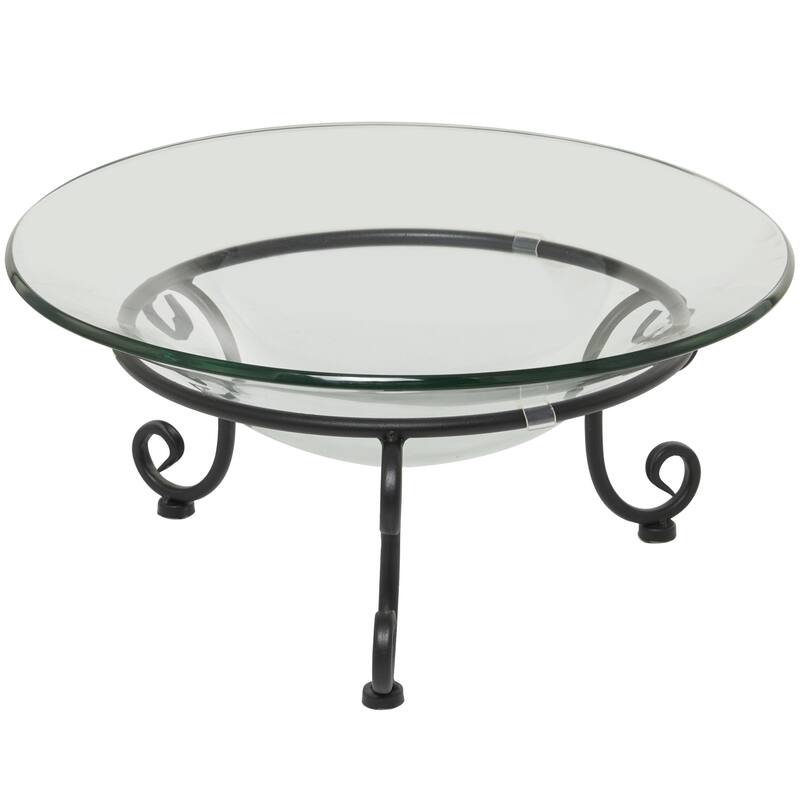 Tempered Glass Kitchen Serving Bowl with Black Metal Scroll Stand - Clear - Roche River Decor - Clear