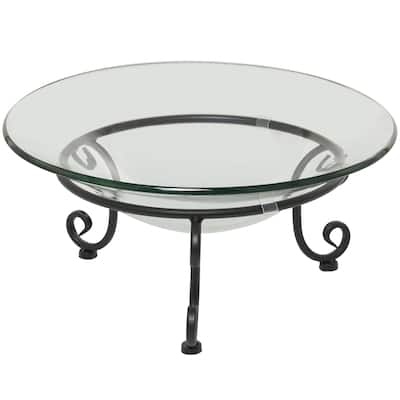 Tempered Glass Kitchen Serving Bowl with Black Metal Scroll Stand - Clear - Roche River Decor
