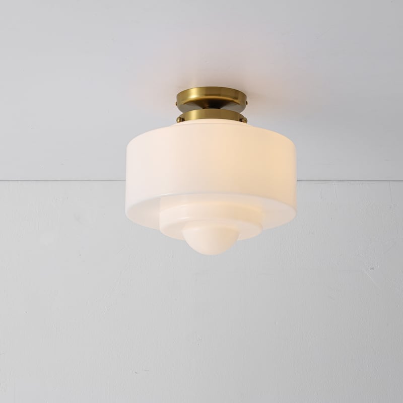 1-Light Mid-Century Modern Gold Brass Finish Semi-Flush Mount Ceiling Light with Milk Glass Shade for Bedroom, Kitchen