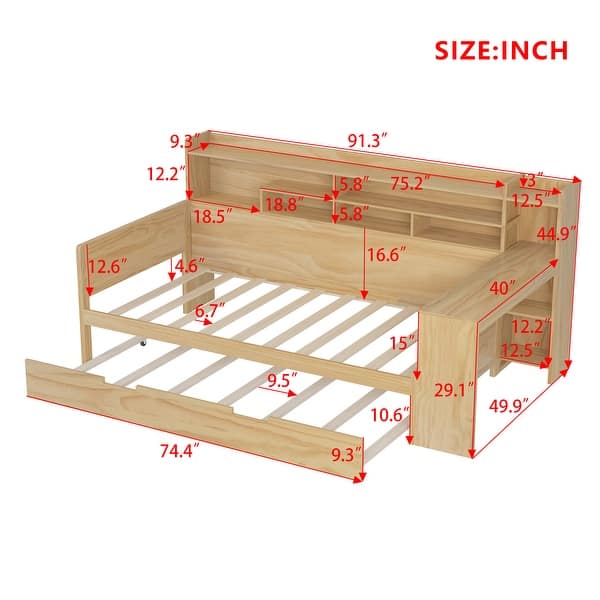 dimension image slide 1 of 4, Roomfitters Wooden Twin/Full Size Daybed with Storage Shelves, Multi-functional Bed with Twin Size Trundle Bed and Study Desk