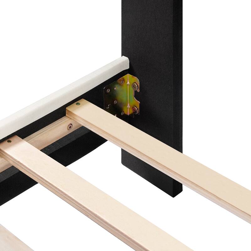 Linen Upholstered Platform Bed with Nailhead Trim Headboard, Slatted Base Design Bed Frame