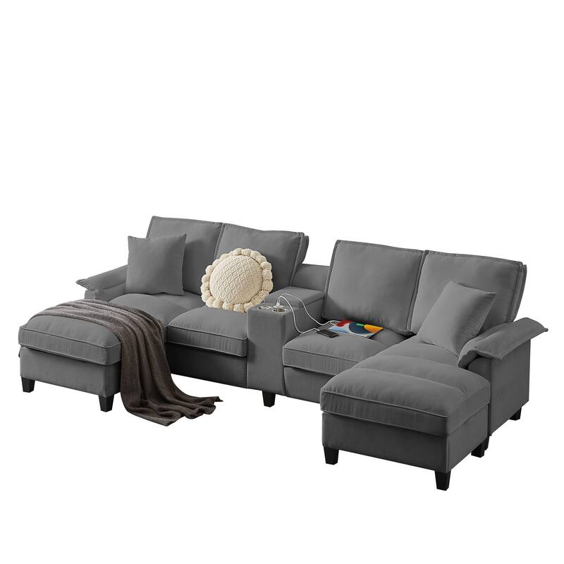 Sectional Sofa Bed Sleeper Sofa with Storage, U-Shaped 4-Seater Chaise Lounge Sofa with Cup Holders & USB Charge