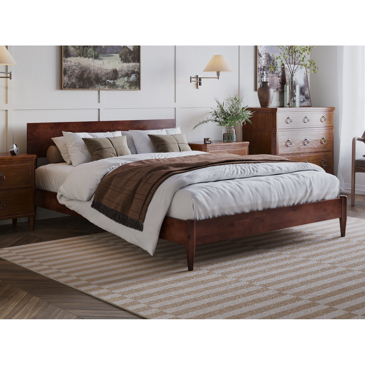 Queen Size Wood Platform Bed - Low Profile Modern Design with USB Ports - Home Bedroom Furniture