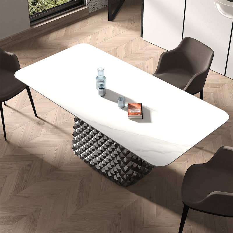 Modern Rectangle Stone Stainless Steel Hydrographic Mirror Pedestal Dining Table