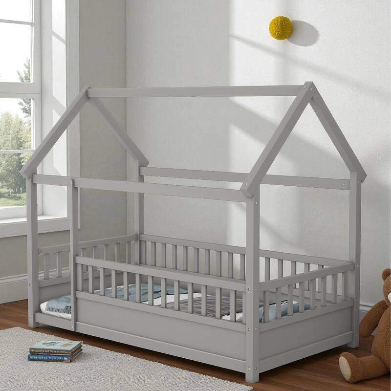 Twin/Full Wooden House Frame Floor Bed with Fence Guardrails, Montessori Style Kids Bed, Pine Wood Low Profile Design