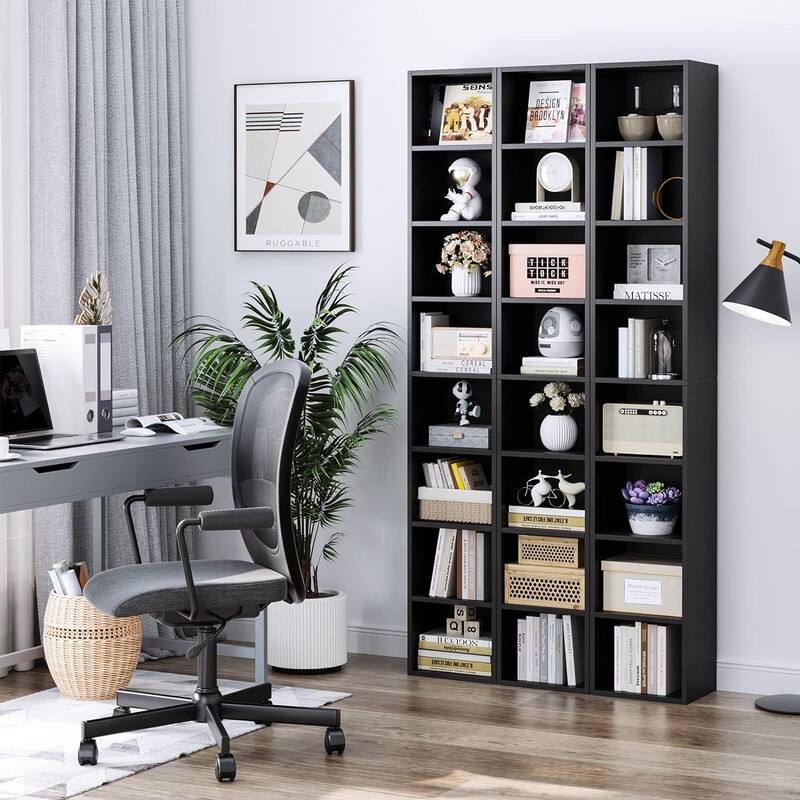 Grondin 8-Tier Media Tower, Wooden Media Storage Rack with Adjustable Shelves, Tall Narrow Bookcase Display Bookshelf - Black
