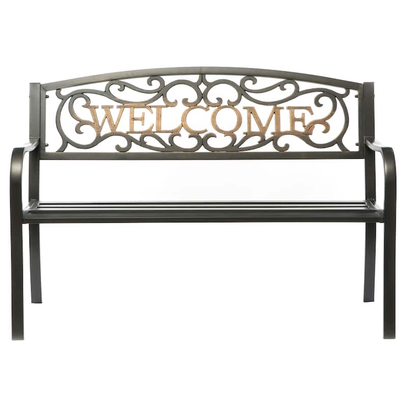 Steel Outdoor Patio Garden Park Seating Bench with Cast Iron "Welcome" Backrest, Front Porch Yard Bench Lawn Decor