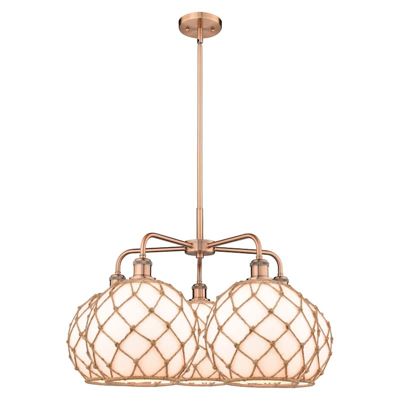 Innovations Lighting Endless Possibilities Ballston - Farmhouse Rope - 5 Light 29" Stem Hung Chandelier - White Glass with Brown Rope/Antique Copper