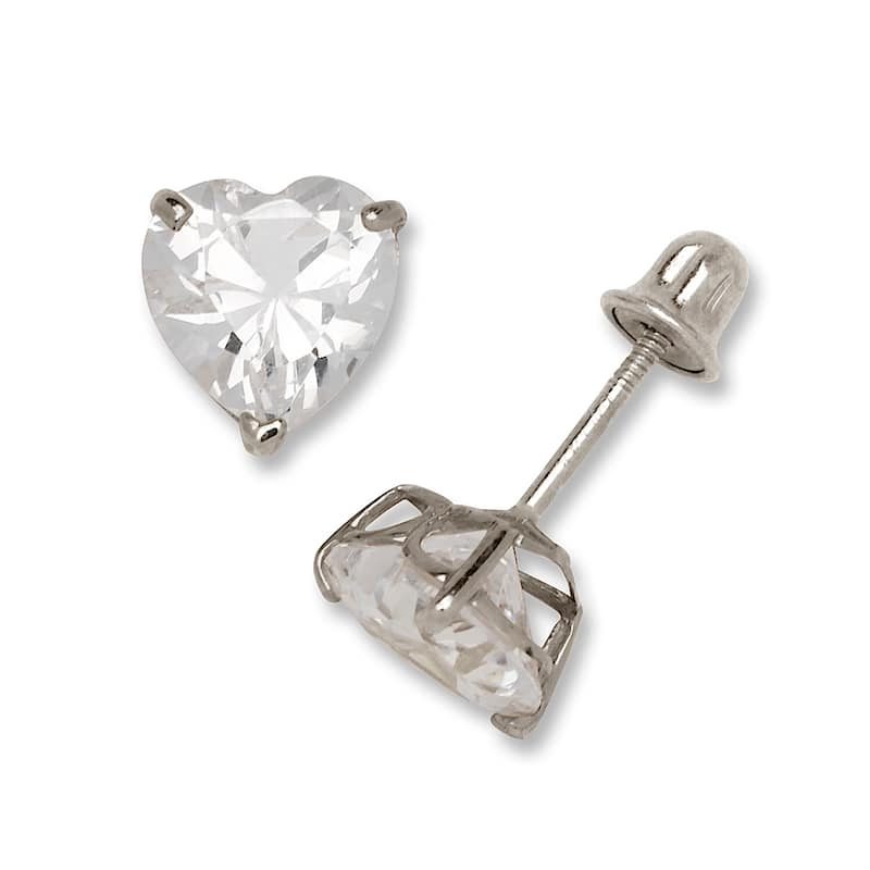Curata 14k Yellow or White Gold Heart-Shape Cubic Zirconia Screw Back Stud Earrings - 4mm 5mm 6mm