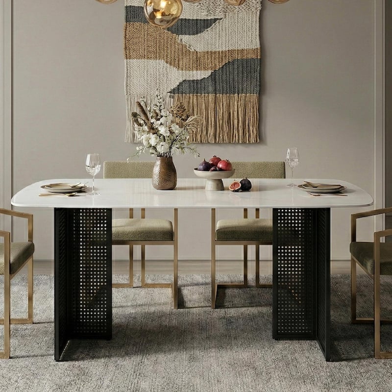 Rectangular Tempered Glass Dining Table for 6, Featuring a Marble-Patterned Design with black Hollow-Out Metal Legs
