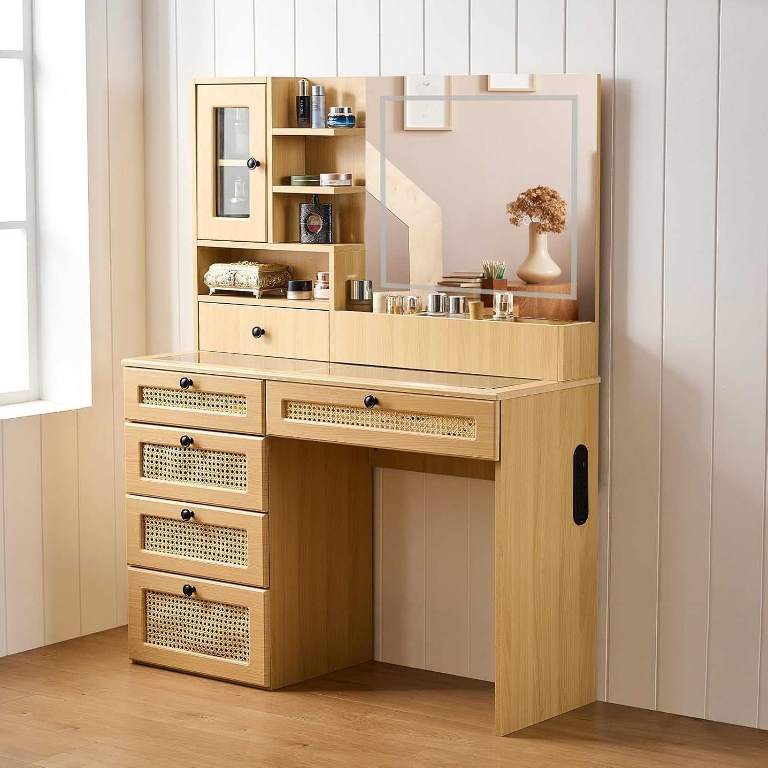 Makeup Vanity, Vanity Desk with Mirror and Lights, Rattan Vanity with Charging Station