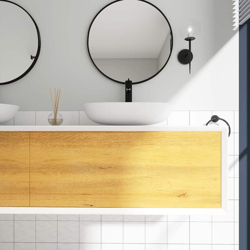 Wall Mounted Bathroom Vanity Set with White Solid Surface Top and Vessel Sink