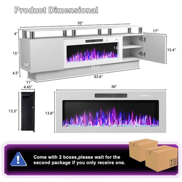 dimension image slide 1 of 6, BOSSIN 70" Modern Electric Fireplace TV Stand, with Electronic Flame and LED Lights, High Gloss Finish Entertainment Center
