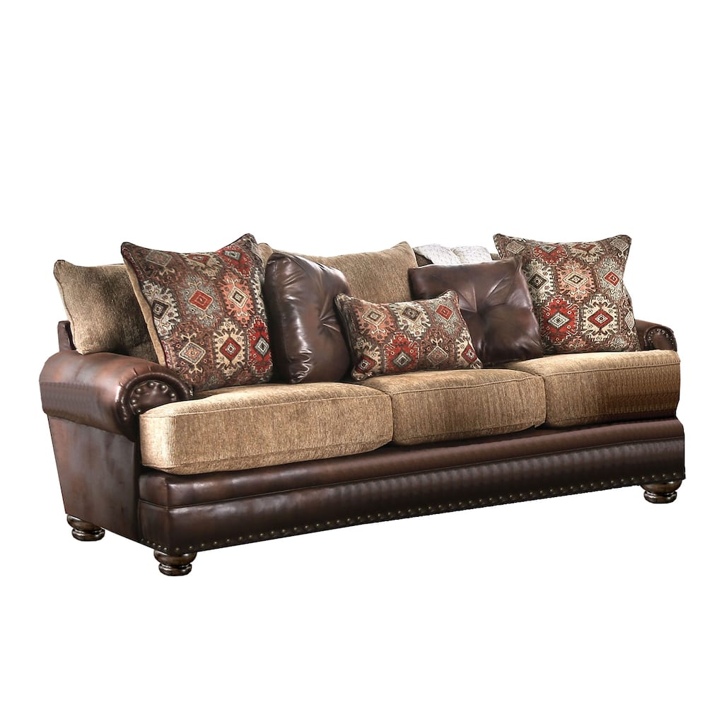 Chenille And Leatherette Sofa with Round Bun Feet Design in Brown