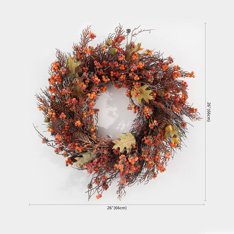 SAFAVIEH Faux 26 Inch Berry, Acorn, Pine Cone & Oak Leaf Wreath - 26" W x 26" D x 7" H