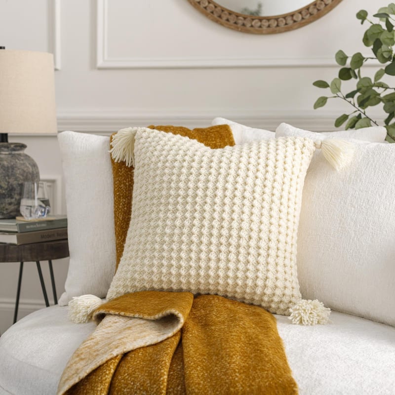 Artistic Weavers Kalae Large Knit Crochet Pattern Throw Pillow - 18x18 Down Insert - Down - White/Cream