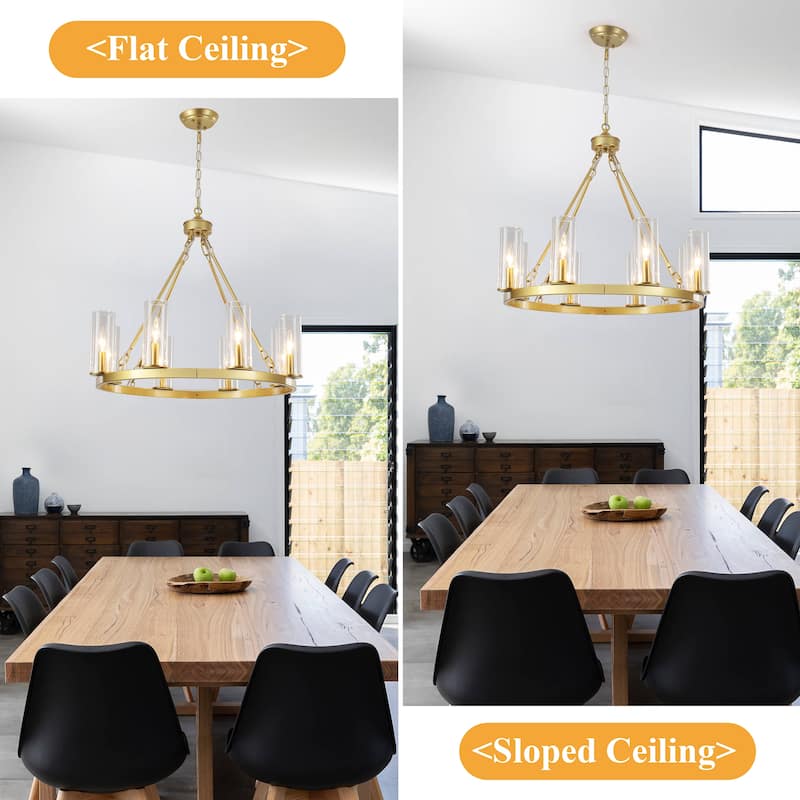 25.98inch 8-light Farmhouse Wagon Wheel Height Adjustable Chandelier With Glass Shade for Multiple Spaces