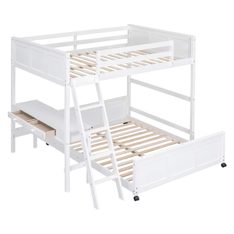 Full Over Full Bunk Bed, Platform Bed with Wheels, Loft Bed with Built-in Desk, Drawers, Ladder and Guardrail for Kids, Teen