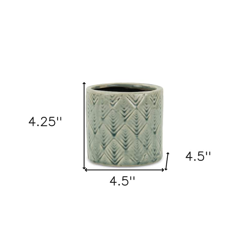 HomeRoots Green Ceramic 16 Ounce Geometric Round Distressed Pot Planter - 4.50 in. x 4.25 in. x 4.50 in.