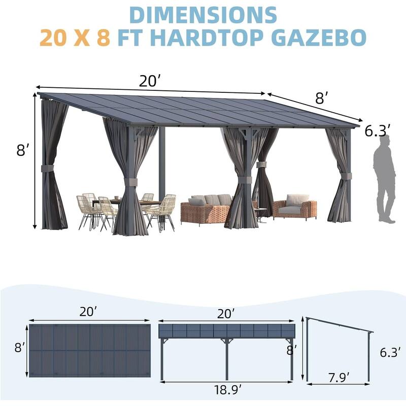 AECOJOY Gazebo for Patio, Small Wall-Mounted Lean to Pergola 8x8 Gazebo with Curtains and Netting, Hard Top Gazebo on Clearance
